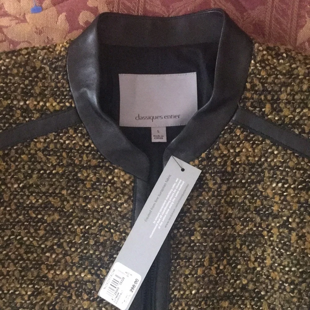 Classiques Entier Black/Brown Leather trim Wool tweed Jacket Size S NWT